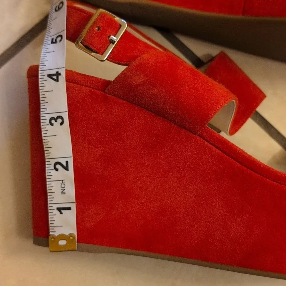 Prada Lipstick Red Wedges Leather Suede Platform Ankle Strap Sandals Size 11.5